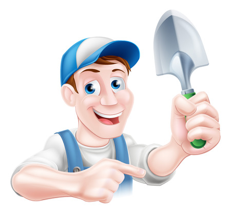 Happy cartoon gardener character in a cap and dungarees holding a garden trowel spade tool and pointingのイラスト素材