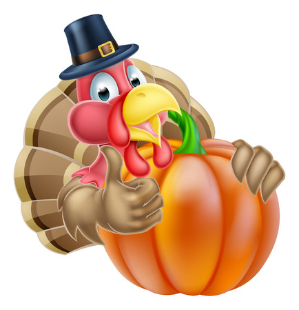Thanksgiving cartoon turkey bird giving a thumbs up and wearing a pilgrim hat behind a pumpkinのイラスト素材