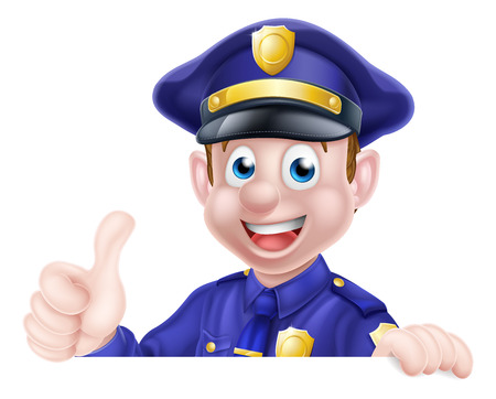 A cartoon friendly policeman peeking over a sign giving a thumbs upのイラスト素材