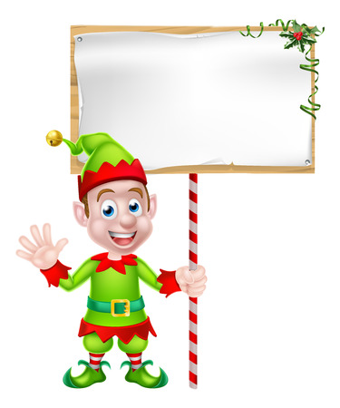 Cartoon Christmas Elf or Christmas helper holding a blank signのイラスト素材