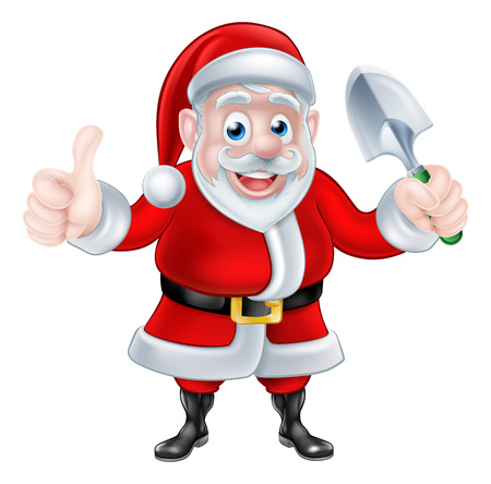 Christmas cartoon Santa Claus holding trowel spade and giving a thumbs upのイラスト素材