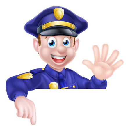 A cartoon friendly policeman leaning over a sign waving and pointing at itのイラスト素材