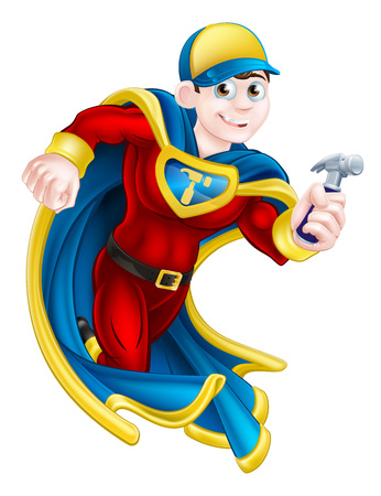 Cartoon builder, handyman, DIY or carpenter superhero mascot holding a hammerのイラスト素材