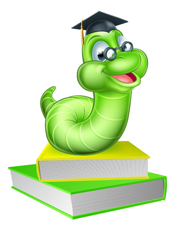 Cute smiling green cartoon caterpillar worm bookworm mascot wearing glasses and graduation hat with booksのイラスト素材