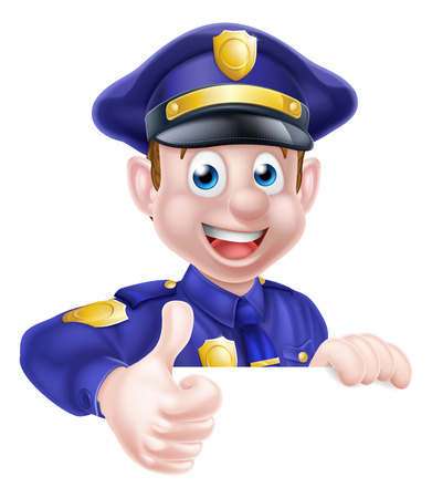 A cartoon friendly policeman peeking over a sign and giving a thumbs upのイラスト素材