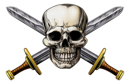 Skull and cross swords pirate symbol in a vintage woodblock styleのイラスト素材