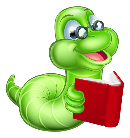 Cute smiling green cartoon caterpillar worm bookworm with glasses reading a bookのイラスト素材