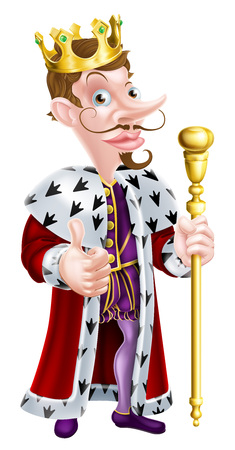 Snooty looking cartoon king character illustration wearing a crown, holding a sceptre and giving a thumbs upのイラスト素材
