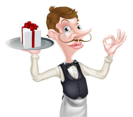 An illustration of a cartoon waiter doing a perfect or okay sign and holding a tray with a gift on itのイラスト素材
