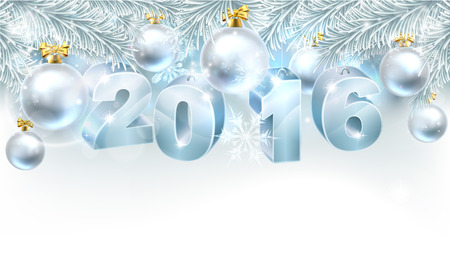 Snowflakes and Christmas tree bauble decoration ornament winter design background with baubles reading 2016. New Year or Christmas 2016 design.のイラスト素材