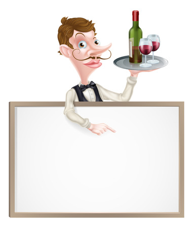 Cartoon waiter holding wine bottle and glasses above a sign or wine menuのイラスト素材