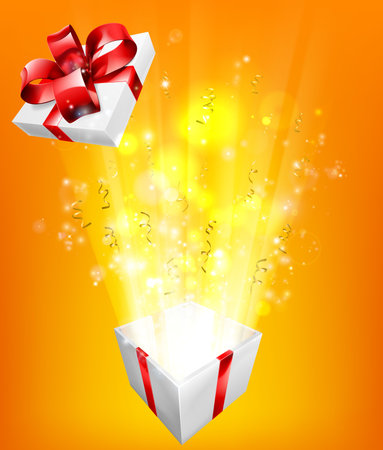 Gift box explosion concept for an exciting birthday, Christmas or other gift or present.のイラスト素材