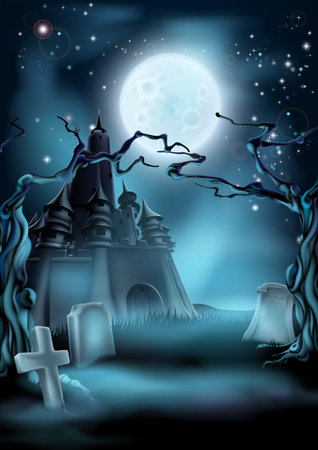 Halloween scary castle graveyard background with a spooky haunted castle, spooky trees and graves and a full moonのイラスト素材