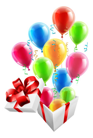 Gift box with party ballons and streamers, concept for an exciting birthday, Christmas or other gift or present.のイラスト素材