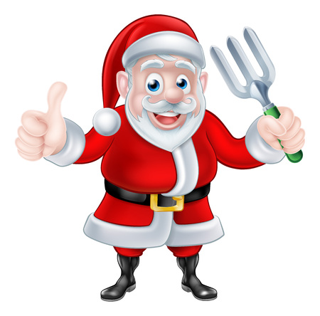 Christmas cartoon Santa Claus giving a thumbs up and holding a garden forkのイラスト素材