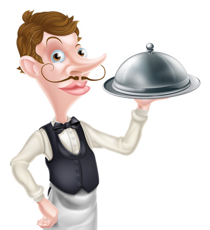 An illustration of a cartoon waiter holding a tray or silver domeのイラスト素材