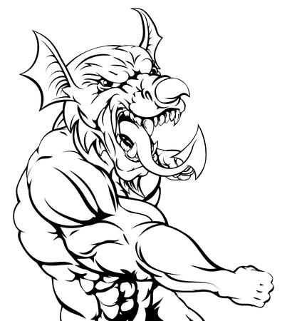 Welsh national symbol of the red dragon Y Ddraig Goch attacking with a punch. Has the same features as on the flag of Wales, like the nose horn and tongue. Great sports mascot.のイラスト素材