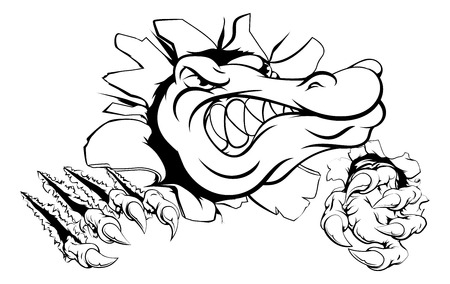 A cartoon alligator or crocodile smashing through a wall with claws and headのイラスト素材