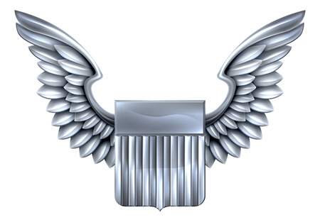A winged silver or steel metal shield heraldic heraldry coat of arms design with United States flag stripesのイラスト素材