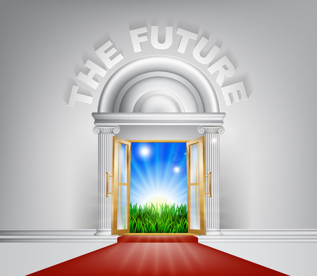 An illustration of a posh looking door with red carpet and The Future above it. Concept for positive futureのイラスト素材