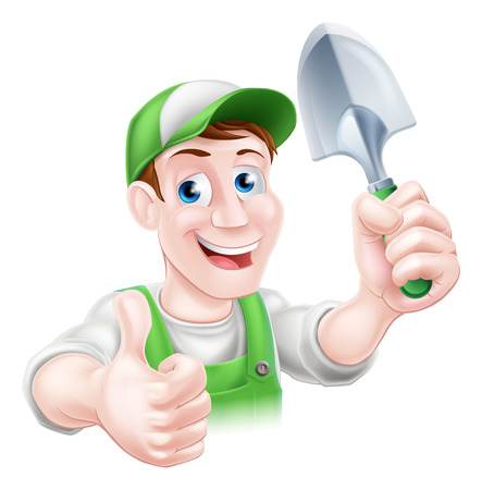A cartoon gardener character in a cap and green dungarees holding a garden trowel tool and giving a thumbs upのイラスト素材