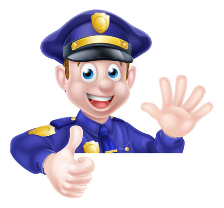 A cartoon police man leaning over a sign waving and giving a thumbs upのイラスト素材