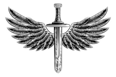 Original illustration of vintage woodcut style sword with eagle bird or angel wingsのイラスト素材