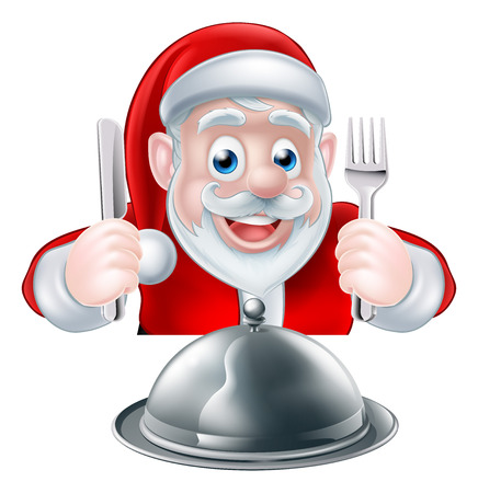 A Christmas cartoon illustration of Santa Claus ready for his Christmas meal holding a knife and fork with a silver cloche food platter in front of himのイラスト素材