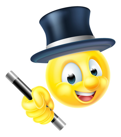 An emoji emoticon smiley face magician character holding a magic wand and wearing a top hatのイラスト素材