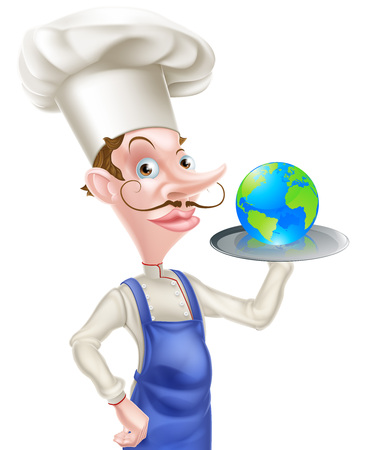 A chef holding a world globe on a silver trayのイラスト素材