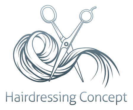 Hairdresser concept of a pair of hairdresser scissors cutting some hairのイラスト素材