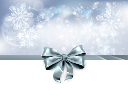 Christmas snowflakes and bow ribbon silver abstract Christmas background. White at the bottom and side for easy use as header.のイラスト素材