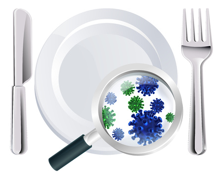 Microscopic bacteria cutlery concept of a plate, knife and fork place setting with a magnifying glass showing microscopic bacteria or virusesのイラスト素材