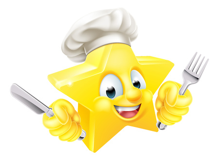 Cartoon star chef emoji emoticon mascot character in a chef hat holding a knife and forkのイラスト素材