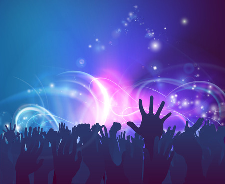 Crowd background of peoples hands up in celebration in silhouette with abstract lights backgroundのイラスト素材