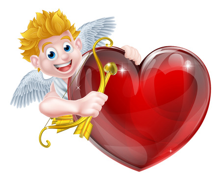 Cupid valentines day angel cartoon with his gold bow and heart arrow in peeking around a big red valentines heart with room on it for a messageのイラスト素材