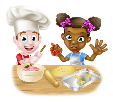 Cartoon boy and girl kids, one black one white, dressed as chefs or bakers baking cakes and cookiesのイラスト素材