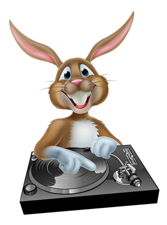 A cartoon Easter bunny music DJ mixing at the the decks or turn tableのイラスト素材