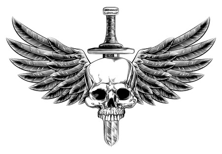 Original illustration of vintage woodcut style skull and sword with eagle bird or angel wingsのイラスト素材