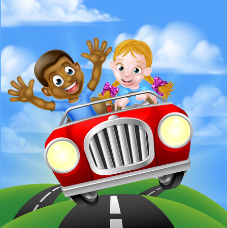 A cartoon boy and girl, one black one white, having fun driving fast in a car in mid airのイラスト素材