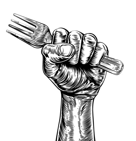 An original design of a fist holding a fork in a vintage woodcut styleのイラスト素材