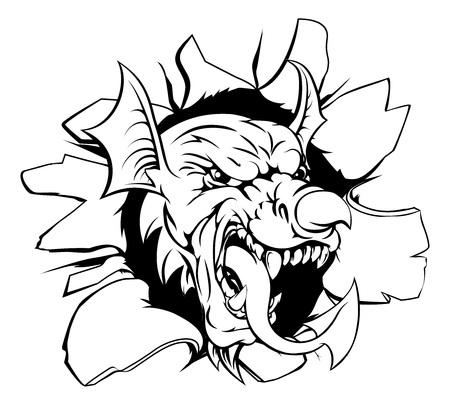 Welsh red dragon Y Ddraig Goch with the same features as on the flag of Wales, like the nose horn and tongue breaking through the background. Great sports mascot.のイラスト素材