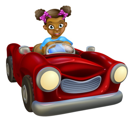 A cartoon black girl having fun driving a red carのイラスト素材
