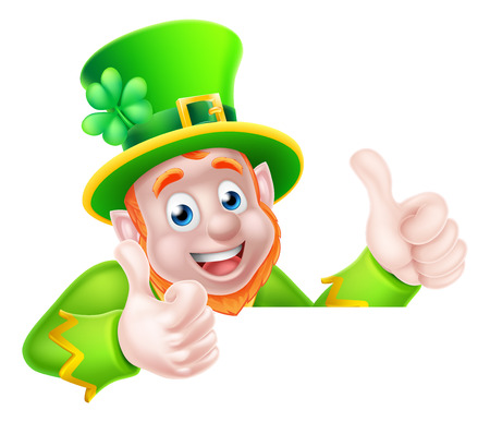 Leprechaun cartoon character peeking above a sign and giving a double thumbs upのイラスト素材