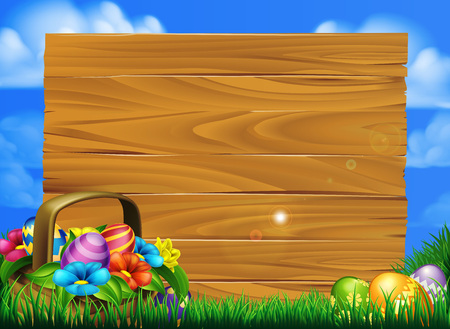 Cartoon easter eggs basket sign scene with a basket of chocolate Easter eggs in a field with a big wooden signのイラスト素材
