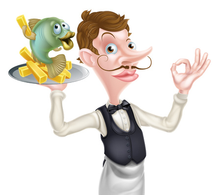 An Illustration of a Cartoon Waiter Butler Fish and Chipsのイラスト素材