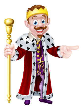 A cute king cartoon character holding a sceptre with one hand and pointing with the otherのイラスト素材