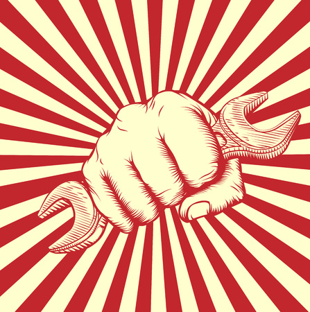 An original design of a fist holding a spanner in vintage propaganda poster wood cut styleのイラスト素材