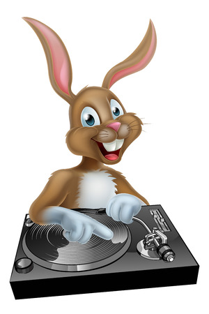 Cartoon Easter bunny DJ mixing at the the decks or turntablesのイラスト素材