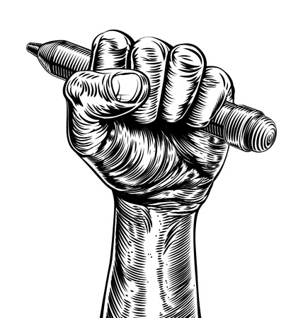 A hand in a fist holding a pencil in a vintage propaganda poster woodcut etching styleのイラスト素材